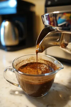 A coffee maker or espresso machine is shown on the white marble cooktop, brewing dark roast espresso into a measuring cup, capturing the rich and aromatic coffee.