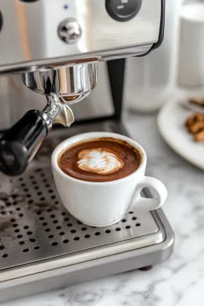 A coffee machine is shown on the white marble cooktop brewing 8 ounces of rich espresso into a small pitcher, producing aromatic coffee for the panna cotta.