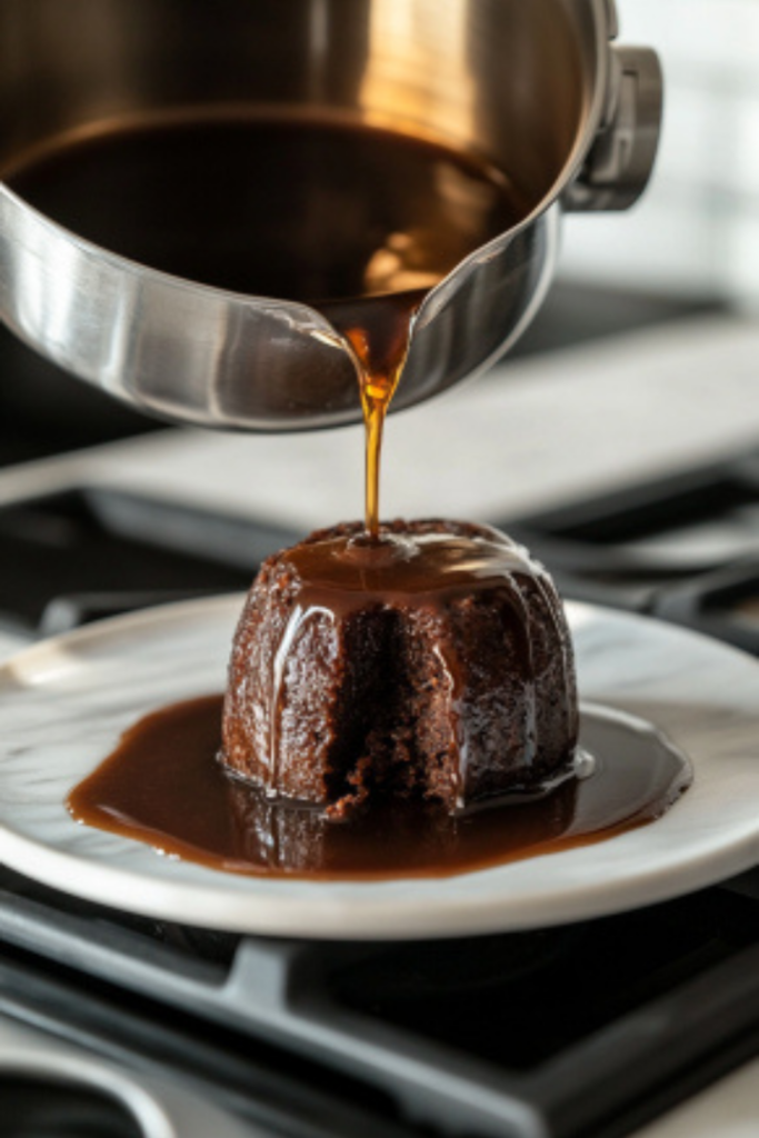 The pudding is re-steamed for 1 hour on Christmas Day to warm through. Slices of the pudding are served on the white marble cooktop with an optional drizzle of brandy sauce, ready to be enjoyed as a festive holiday treat.