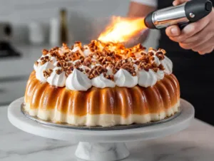 A blowtorch gently browns the meringue on the pandoro on the white marble cooktop, adding a light caramelized finish to the snowy coating. The decorated pandoro is now ready for slicing and serving.