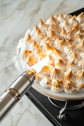 A blowtorch gently browns the meringue on the pandoro on the white marble cooktop, adding a light caramelized finish to the snowy coating. The decorated pandoro is now ready for slicing and serving.