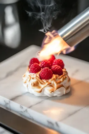 A blow torch lightly toasting the piped meringue on the white marble cooktop, creating golden highlights over the smooth, fluffy exterior.