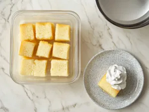 An airtight container on the white marble cooktop holds neatly arranged Mochiko cake squares, prepared for storage. A nearby plate displays a square, served with a dollop of whipped cream for a delightful treat.