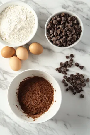 A mixing bowl on the white marble cooktop with cocoa powder being mixed with hot water, then combined with oil, yogurt, and eggs. In a separate bowl, flour and sugars are blended, then incorporated into the wet mixture, forming a smooth chocolate batter.