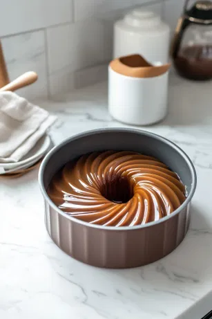 A non-stick pot on the white marble cooktop with granulated sugar melting over medium heat, stirred until it reaches a deep amber color. The hot caramel is poured into a bundt pan, forming an even layer to set.