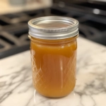 A glass jar filled with the finished caramel sauce sits on the white marble cooktop, tightly sealed for storage. The caramel's rich, golden color shines through, ready to be enjoyed or refrigerated for later use.