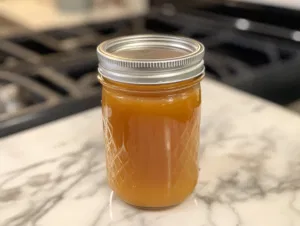 A glass jar filled with the finished caramel sauce sits on the white marble cooktop, tightly sealed for storage. The caramel's rich, golden color shines through, ready to be enjoyed or refrigerated for later use.