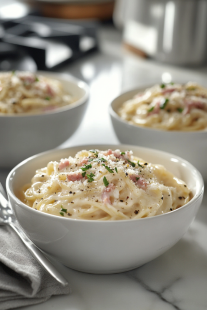 Creamy carbonara pasta is served in warm bowls on the white marble cooktop, garnished with extra Parmesan, black pepper, and parsley if desired. The pasta is ready to be enjoyed immediately.