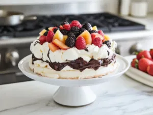 The completed dessert on the white marble cooktop, ready to slice and serve, showcasing the layers of meringue, ice cream, chocolate, and fruit.