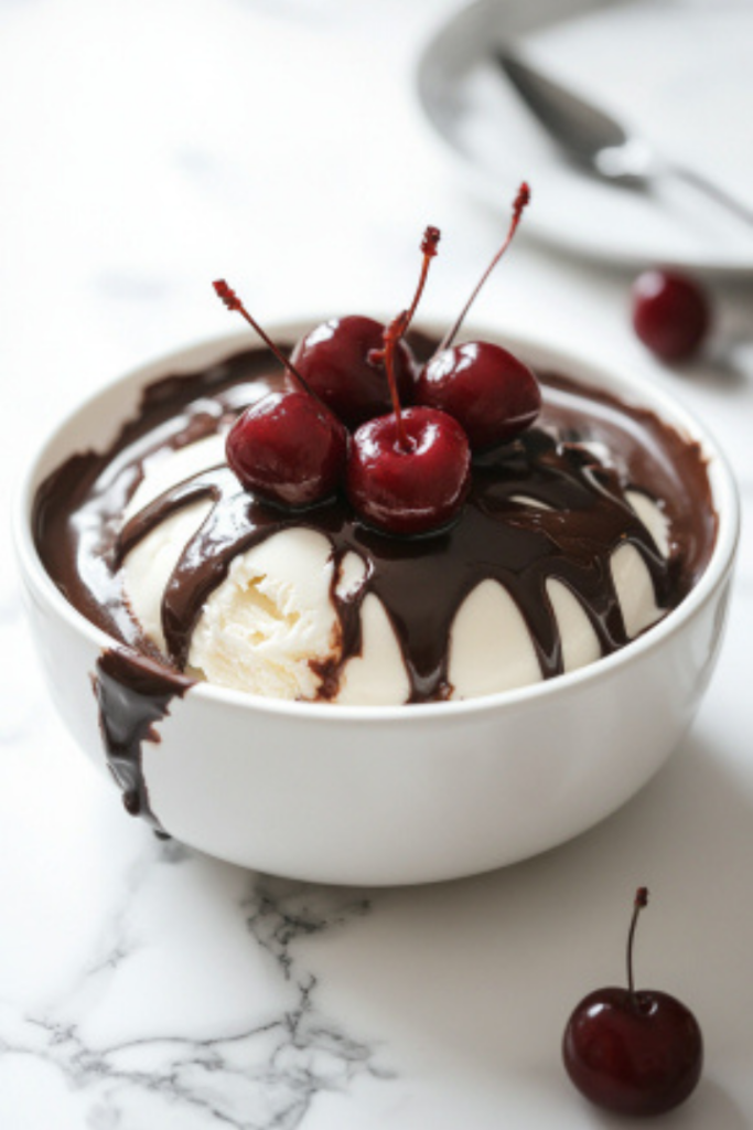 The completed ice cream pudding rests on the white marble cooktop, ready to be frozen until serving. The glossy chocolate layers and vibrant cherry garnish make for a visually stunning dessert.