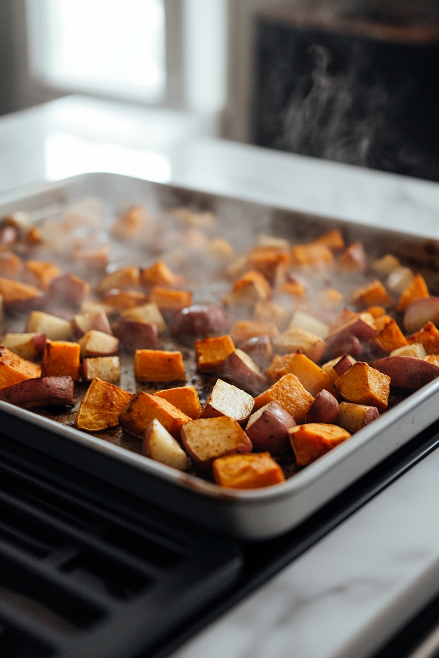 A baking sheet fresh out of the oven on a white marble cooktop, showing golden brown and crispy sweet potatoes and apples with visible steam rising from the tray.