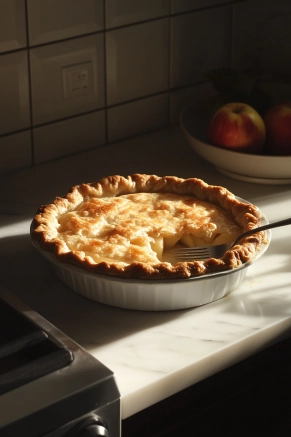 The baked pie sits on the white marble cooktop, fresh from the oven. A fork pierces the center of the pie, testing if the apple filling is tender, while the crumble topping glistens in golden perfection.