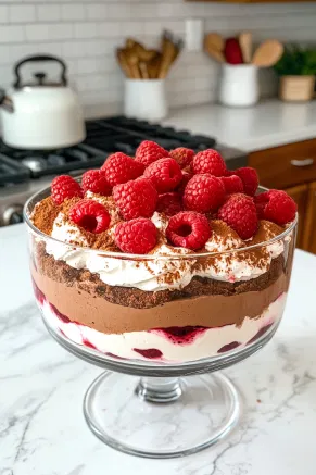 The completed trifle bowl rests on the white marble cooktop, now covered and placed in the refrigerator. It will chill for at least 4 hours, allowing the layers to meld and enhance the dessert's flavors into a rich, indulgent treat.