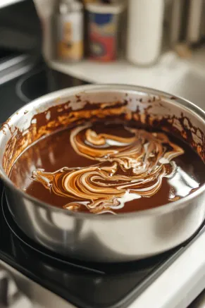 The pan of swirled fudge is placed on a white marble cooktop, ready to be transferred to the refrigerator. The fudge will chill for at least two hours, setting to a firm consistency suitable for slicing.