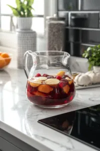 The pitcher filled with the sangria mixture is placed in the refrigerator to chill for at least 3 hours, allowing the flavors to meld. The ingredients settle, with the fruit and cinnamon infusing the liquid.