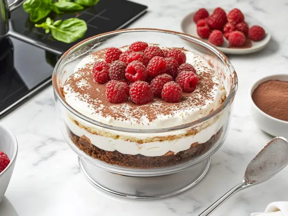 The completed trifle bowl rests on the white marble cooktop, now covered and placed in the refrigerator. It will chill for at least 4 hours, allowing the layers to meld and enhance the dessert's flavors into a rich, indulgent treat.