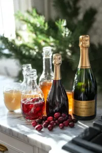 Bottles of cranberry juice, sparkling wine, apple cider, ginger ale, and dark rum (or brandy) sit on the white marble cooktop, each thoroughly chilled and ready to be mixed for a refreshing punch.