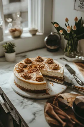 The cheesecake, fully set and chilled, rests on the white marble cooktop. A sharp knife slices through, revealing neat pieces with creamy Biscoff layers and a decorative topping, ready to serve for Biscoff lovers.