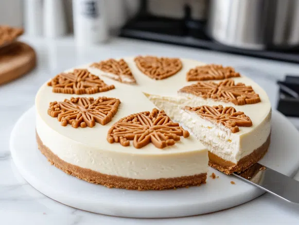 The cheesecake, fully set and chilled, rests on the white marble cooktop. A sharp knife slices through, revealing neat pieces with creamy Biscoff layers and a decorative topping, ready to serve for Biscoff lovers.