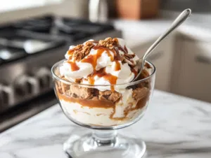 The assembled trifle is placed in the fridge on the white marble cooktop, chilling for at least an hour to allow flavors to meld. When served, each spoonful reveals the indulgent layers of gingerbread cake, custard, caramel, and whipped cream.