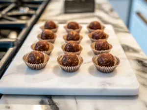 The truffles are arranged on a prepared sheet pan on the white marble cooktop, each nestled in a small paper cup. They are ready to be chilled in the refrigerator for a perfect set, ideal for serving once firm.