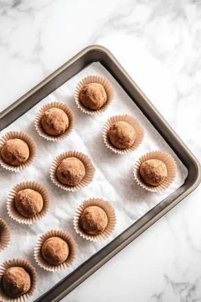 The truffles are arranged on a prepared sheet pan on the white marble cooktop, each nestled in a small paper cup. They are ready to be chilled in the refrigerator for a perfect set, ideal for serving once firm.