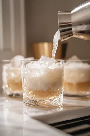 The cocktail shaker on the white marble cooktop is now opened after ice has been added and shaken briefly. The mixture is poured into a rocks glass over fresh ice, showcasing a frothy top and a smooth, blended color.