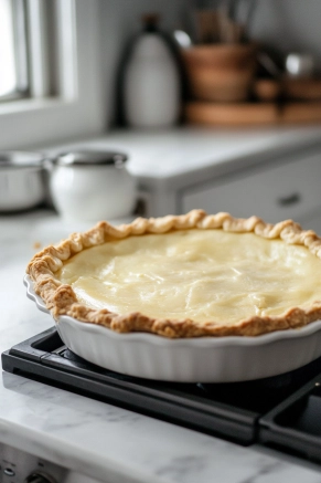 The pie sits on the white marble cooktop inside a refrigerator. Its creamy filling is setting, with the chilled environment indicating a refreshing dessert in progress.