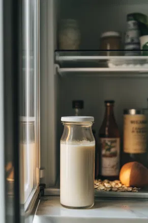 A glass pitcher filled with oat milk, sealed with a lid, chilling on a white marble shelf inside a modern refrigerator with a transparent door.