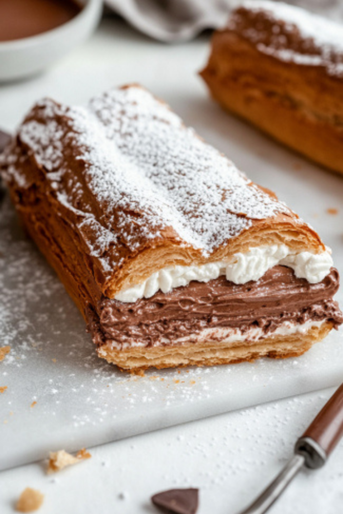 On the white marble cooktop, the cooled choux pastry is sliced horizontally. The bottom half is generously filled with piped Nutella crème mousseline, then topped with the upper half. The assembled Paris-Brest is dusted with icing sugar and placed in the refrigerator until serving.