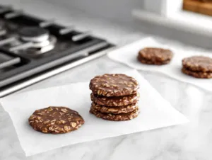 A batch of perfectly set no-bake cookies rests on waxed paper on the white marble cooktop. The cookies have a rich, chocolatey sheen, with visible oats and a smooth texture. A few cookies are stacked nearby, inviting a delicious taste.