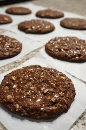 A batch of perfectly set no-bake cookies rests on waxed paper on the white marble cooktop. The cookies have a rich, chocolatey sheen, with visible oats and a smooth texture. A few cookies are stacked nearby, inviting a delicious taste.