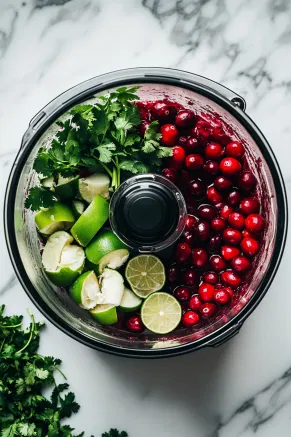 A food processor on a white marble cooktop filled with cranberries, green onion whites, jalapeño, lime juice, cilantro, honey, and salt, ready to be pulsed into a vibrant mixture.