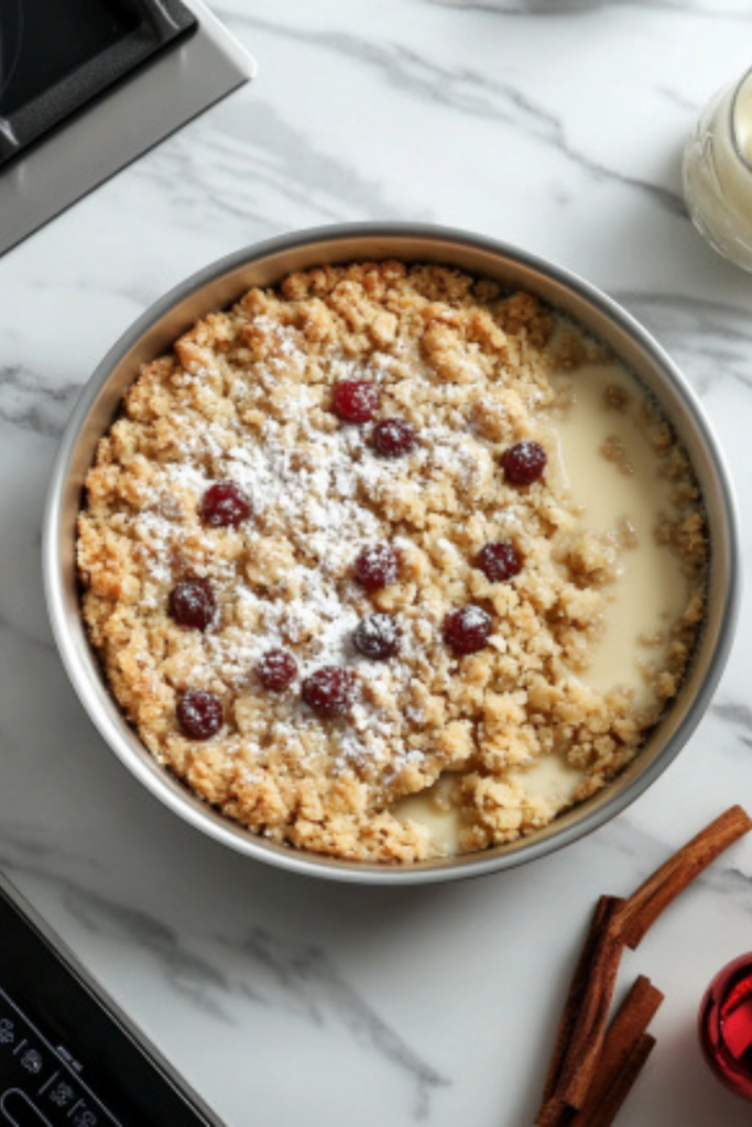 A baking dish on the white marble cooktop being placed into a preheated oven, set to bake for 25-30 minutes until the crumble topping turns golden and begins to bubble.