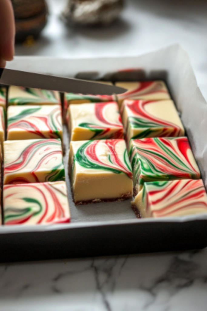 A block of fully set fudge is lifted from the pan using parchment paper and placed on the white marble cooktop. A sharp knife slices through, creating clean squares. Each piece showcases a festive swirl of red, green, and white, perfect for holiday serving.