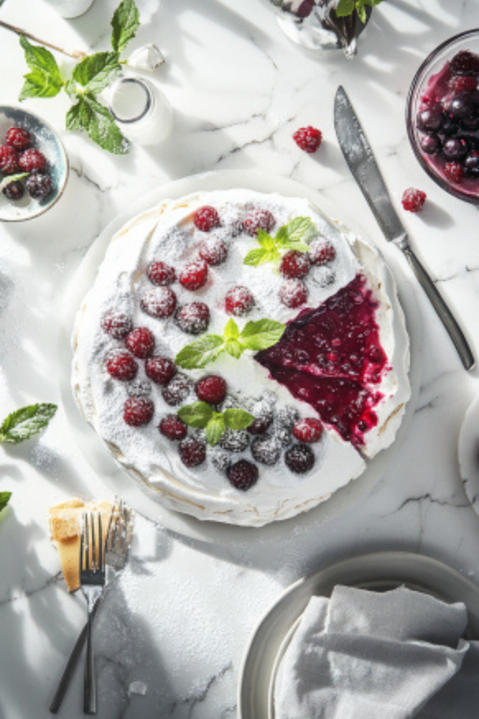 The completed pavlova on the white marble cooktop, garnished with mint leaves and a dusting of icing sugar. Slices reveal the crispy meringue shell with creamy, fruit-filled center, ready to serve.