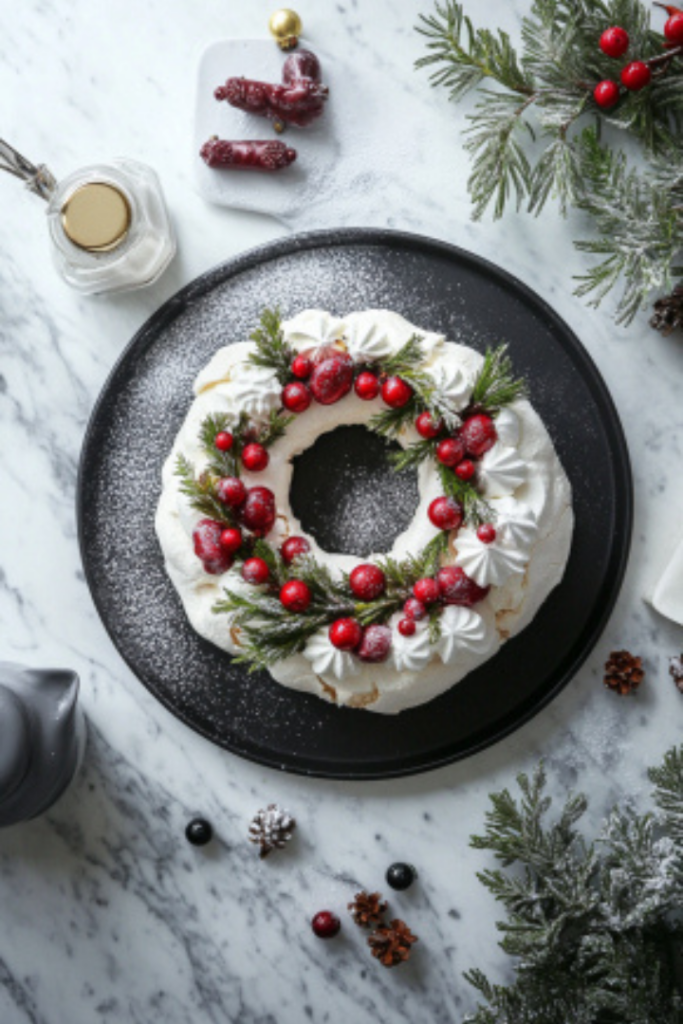 The Christmas Pavlova Wreath is beautifully garnished and served on a black platter placed on a white marble cooktop, with a dusting of icing sugar completing the festive presentation.