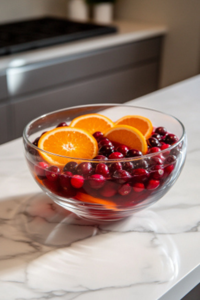 The punch bowl on the white marble cooktop is topped with garnishes of fresh orange slices and whole cranberries floating on the surface, adding a colorful and festive touch to the drink.