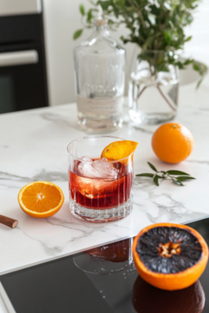 A finished Winter Spiced Negroni on a white marble cooktop, garnished with a second charred orange wedge, ready to be served and enjoyed, capturing the festive and aromatic spirit of the drink.