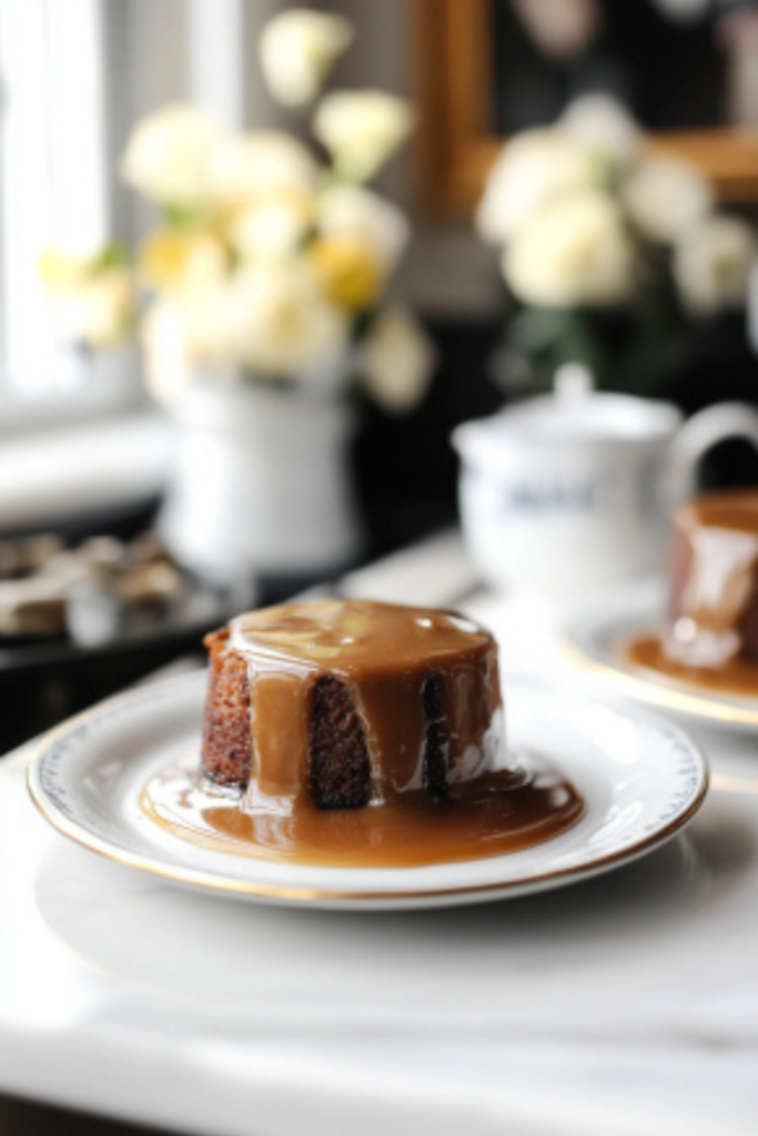 The warm pudding, now on a plate on the white marble cooktop, is drizzled generously with toffee sauce. Extra sauce is served on the side, making each slice a truly indulgent treat.