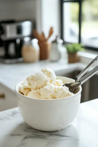 The ice cream maker on the white marble countertop churning the mixture into a creamy and thick consistency.