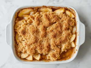 The freshly baked Apple Crisp rests on the white marble cooktop with steam rising, ready to be served.