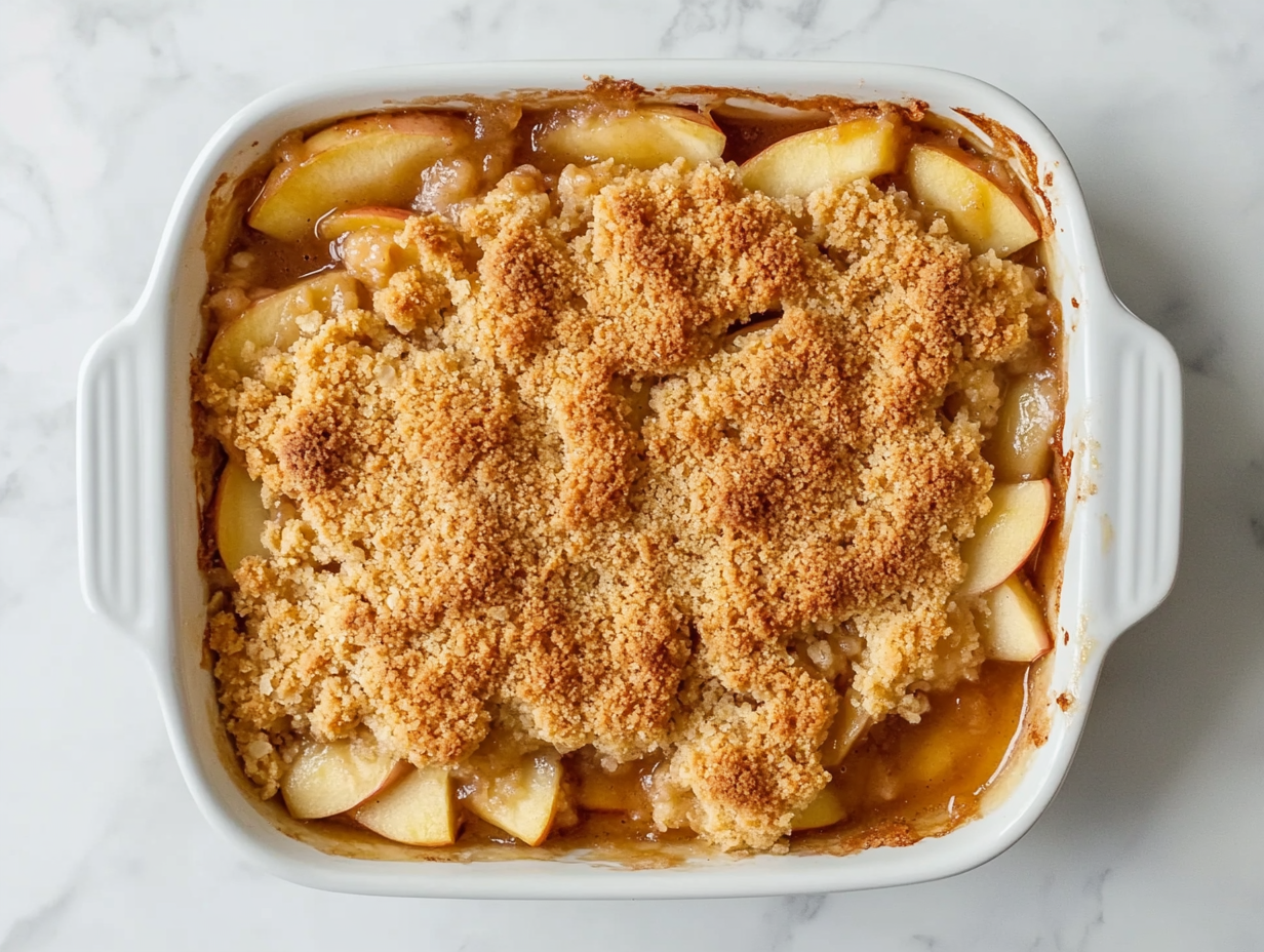 The freshly baked Apple Crisp rests on the white marble cooktop with steam rising, ready to be served.