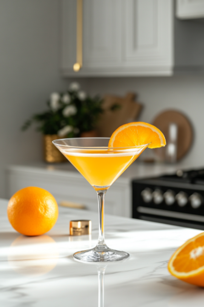 The finished mocktail in the martini glass on the white marble cooktop, garnished with a fresh orange slice for a vibrant, elegant touch, ready to enjoy.