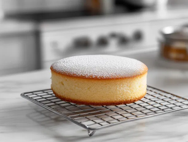 A beautifully baked Vanilla Cake sits on a cooling rack over the white marble cooktop. The cake has a golden-brown top with a fluffy texture visible from the side. A slice has been cut out, showing the moist, tender crumb inside, and the cake is lightly dusted with powdered sugar, making it look inviting and ready to serve.