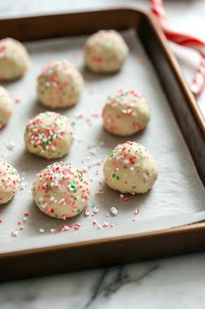 The dough balls on the parchment-lined baking sheet are being dipped into crushed candy canes, creating a colorful, textured coating for the cookies.