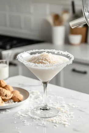 The martini glass being dipped into a plate of sweetened coconut flakes on the white marble countertop, coating the frosted rim completely.