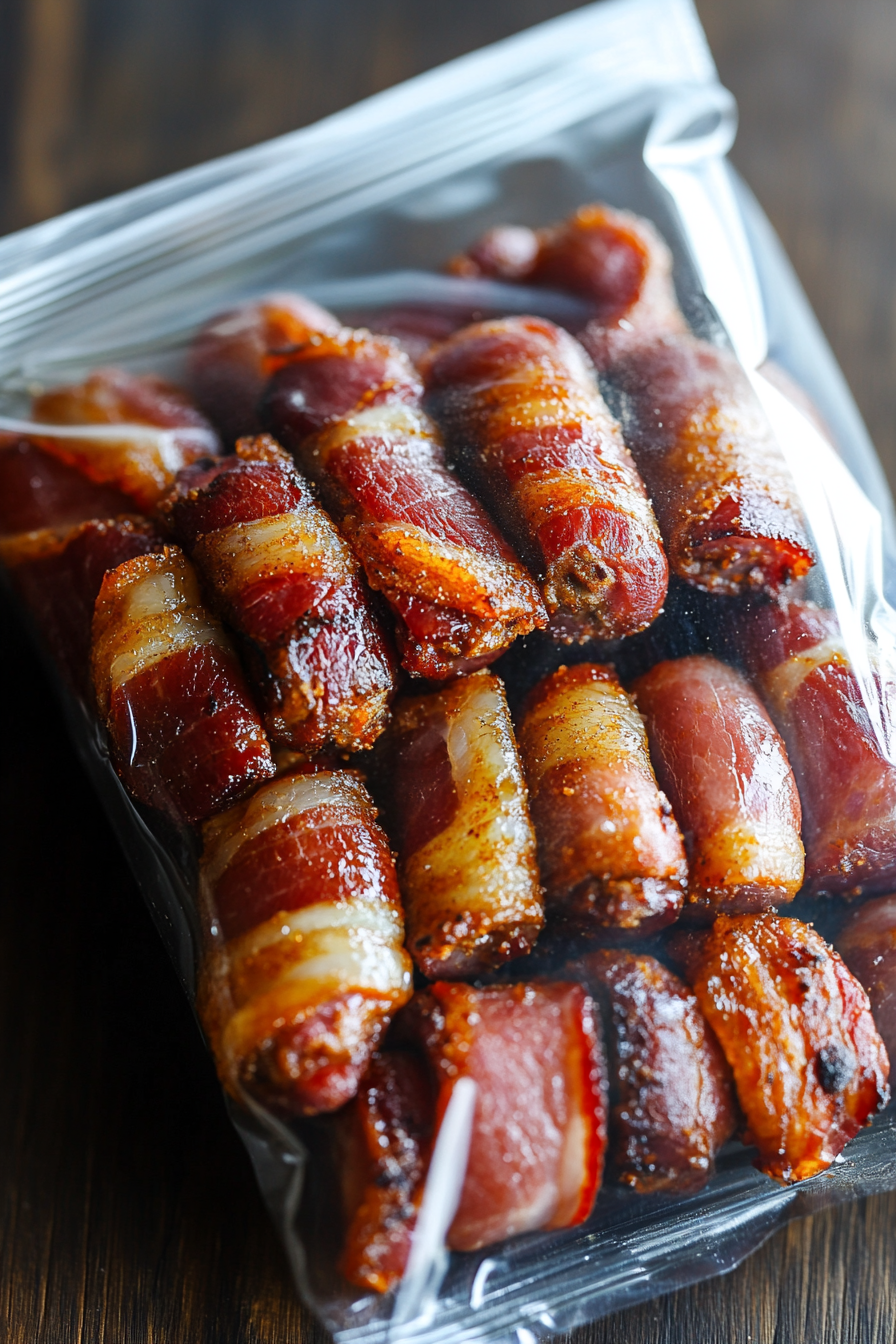 A gallon-sized plastic bag containing a brown sugar and chipotle pepper mixture is sealed tightly. Inside, bacon-wrapped smokies are lightly coated as the bag is gently shaken, ensuring even coverage.