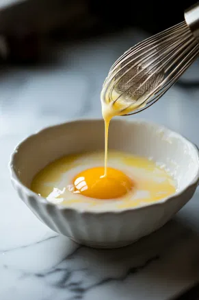 A bowl on the white marble cooktop contains a smooth, pale yellow mixture of egg yolks and caster sugar, freshly whisked together. A sieve rests above the bowl, with hot cream being poured through it to combine with the yolk mixture. The addition of spiced rum gives the preparation a warm, festive touch.