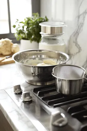 The cocktail shaker on the white marble cooktop as lime juice, light rum, coconut rum, coconut milk, and a handful of crushed ice are added. The shaker is closed securely, ready for a vigorous shake until well chilled.